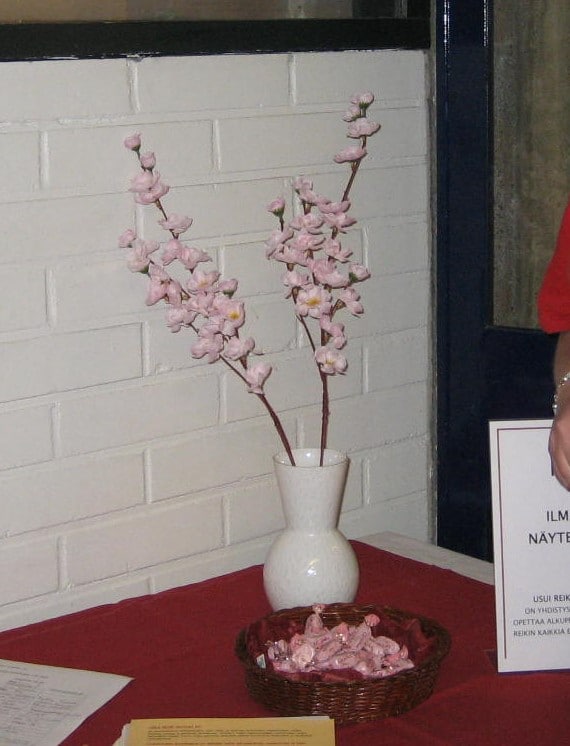 Kirsikankukkaoksat maljakossa, Edustalla Geisha-karkkeja kulhossa.